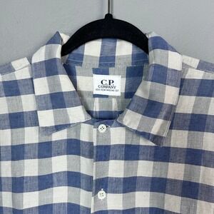 CP Company Massimo Osti Linen Shirt Men's XL 3 Blue Check Plaid Button Down